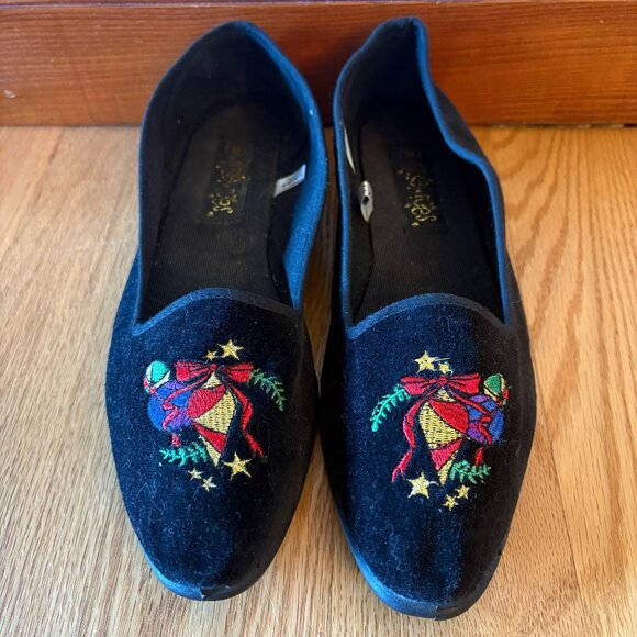 Black Velvet Ugly Christmas Shoes Flats Slippers Christmas Baubles Stars Size 9 - Picture 1 of 6